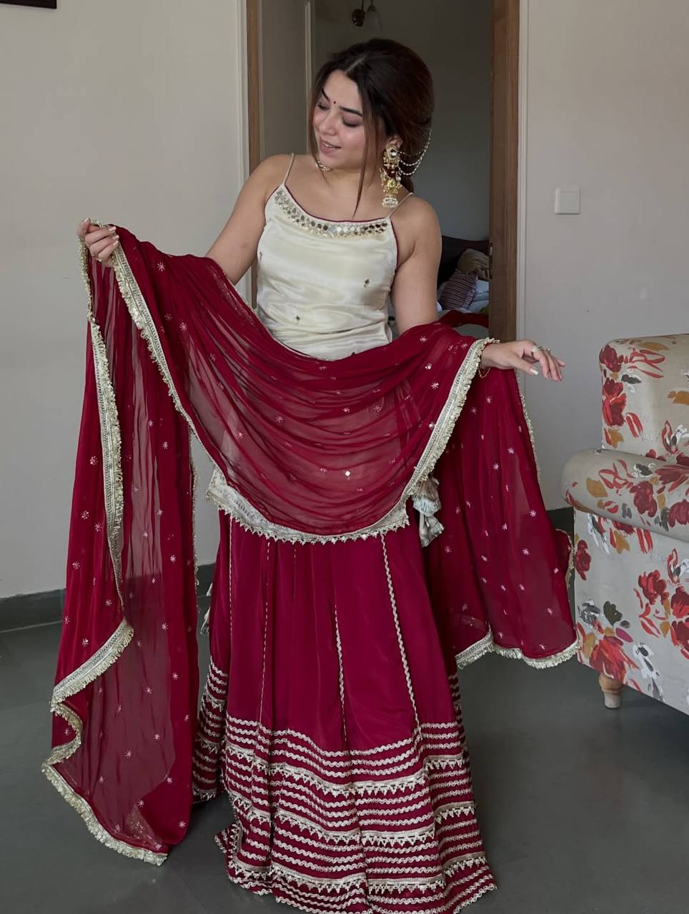 Ivory Mirror Work Kurta Sharara Set with Red Dupatta
