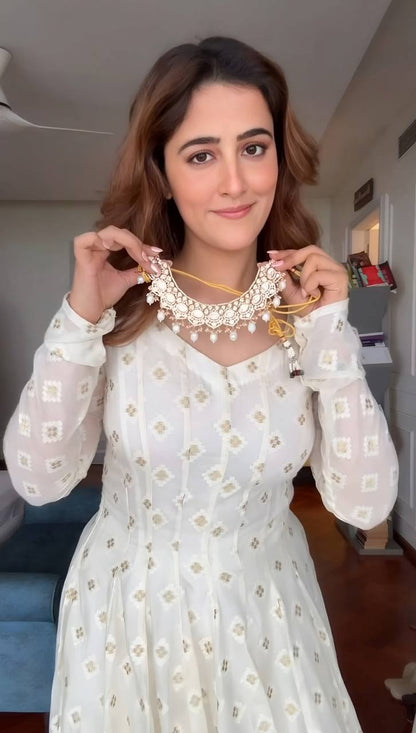 Pearl White Lakhnavi Work Designer Anarkali Suit