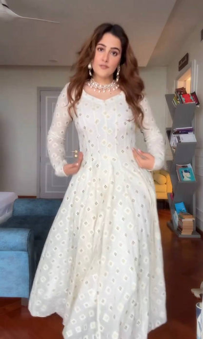 Pearl White Lakhnavi Work Designer Anarkali Suit