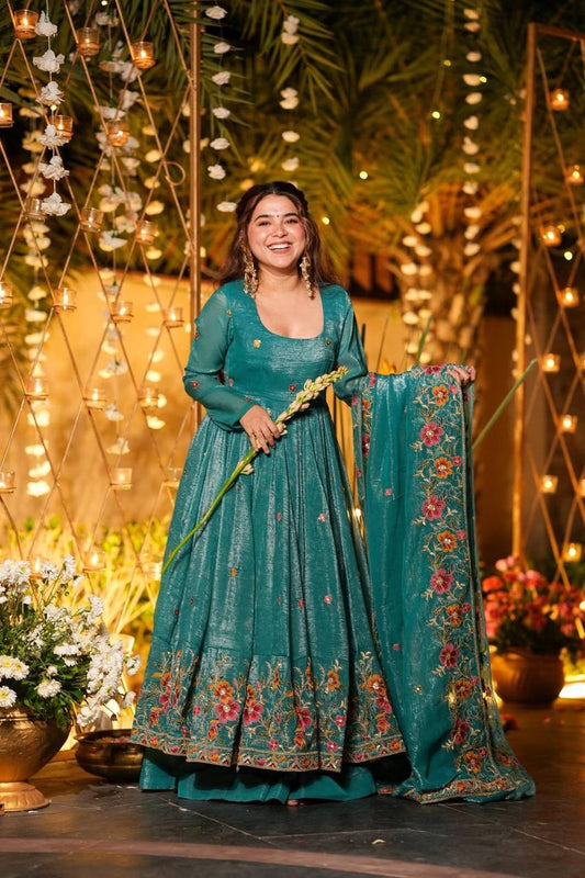 Emerald Crunchy Silk Anarkali Plazo Suit Set