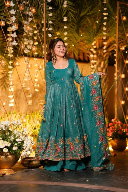 Emerald Crunchy Silk Anarkali Plazo Suit Set