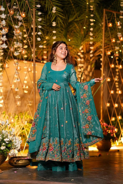 Emerald Crunchy Silk Anarkali Plazo Suit Set