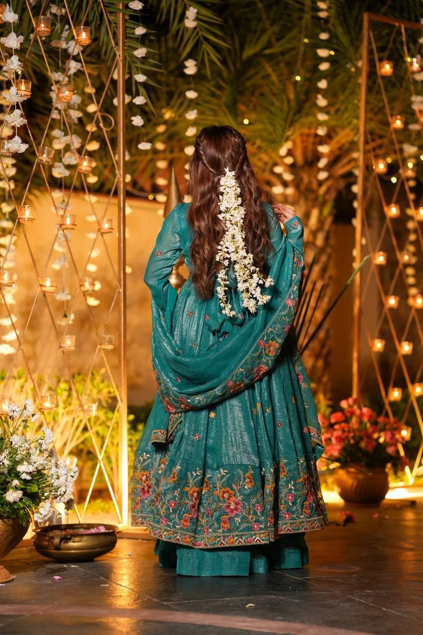Emerald Crunchy Silk Anarkali Plazo Suit Set
