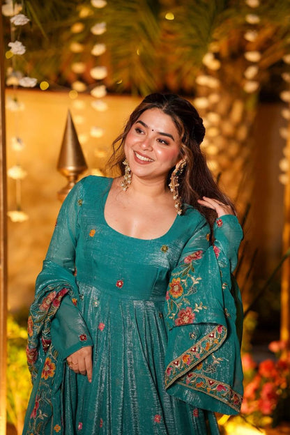 Emerald Crunchy Silk Anarkali Plazo Suit Set