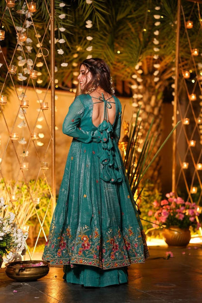 Emerald Crunchy Silk Anarkali Plazo Suit Set