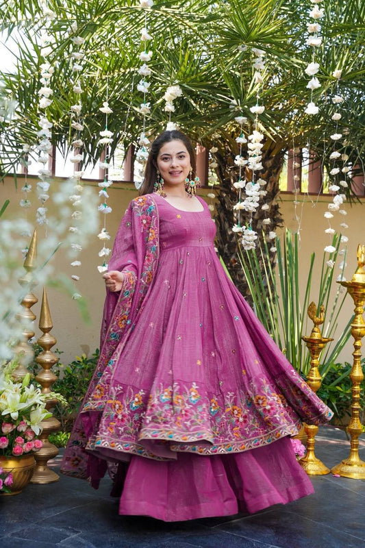 Rose Mist Crunchy Silk Anarkali Plazo Suit Set
