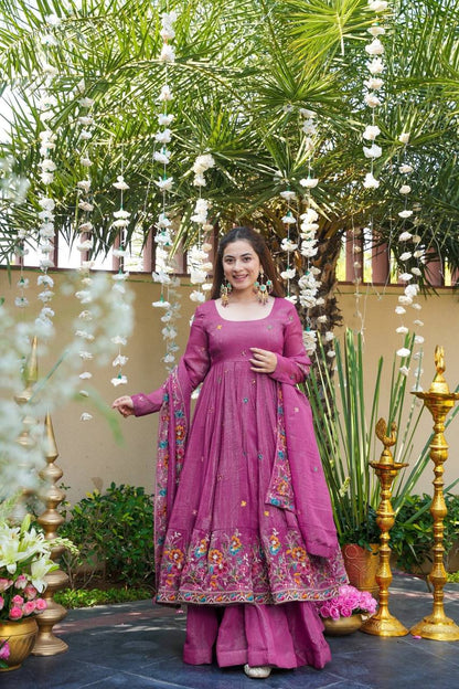 Rose Mist Crunchy Silk Anarkali Plazo Suit Set