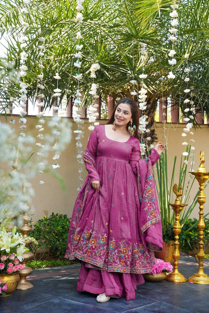 Rose Mist Crunchy Silk Anarkali Plazo Suit Set