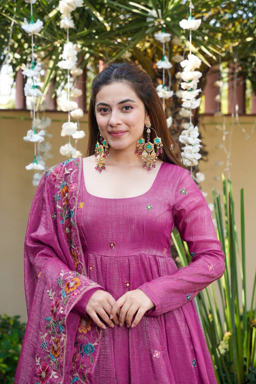 Rose Mist Crunchy Silk Anarkali Plazo Suit Set