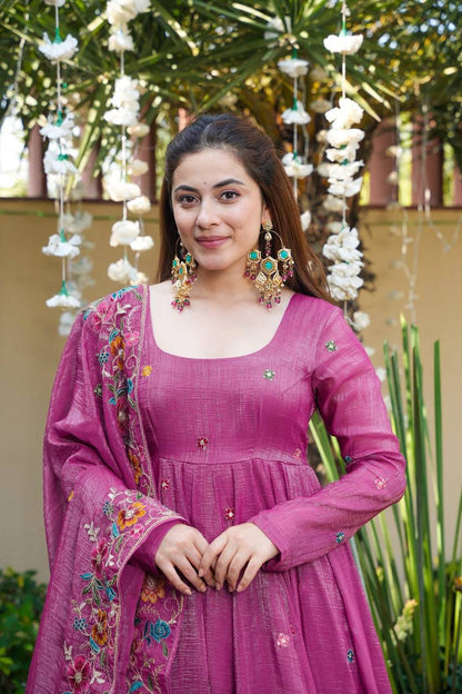 Rose Mist Crunchy Silk Anarkali Plazo Suit Set