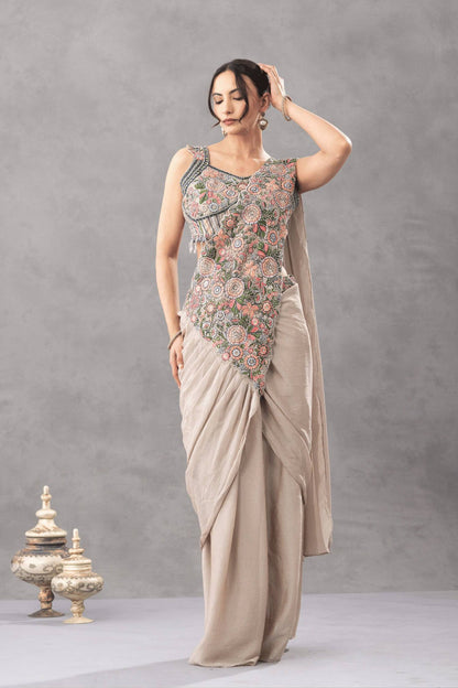 Nisha Embroidered Chinon Drape Saree