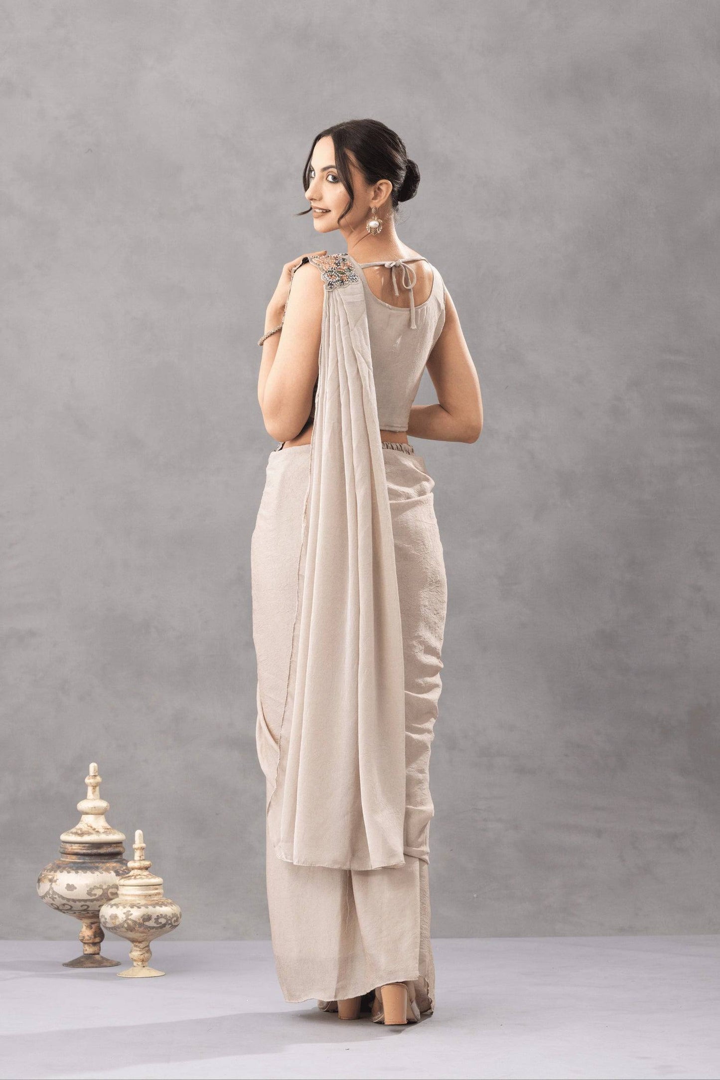 Nisha Embroidered Chinon Drape Saree