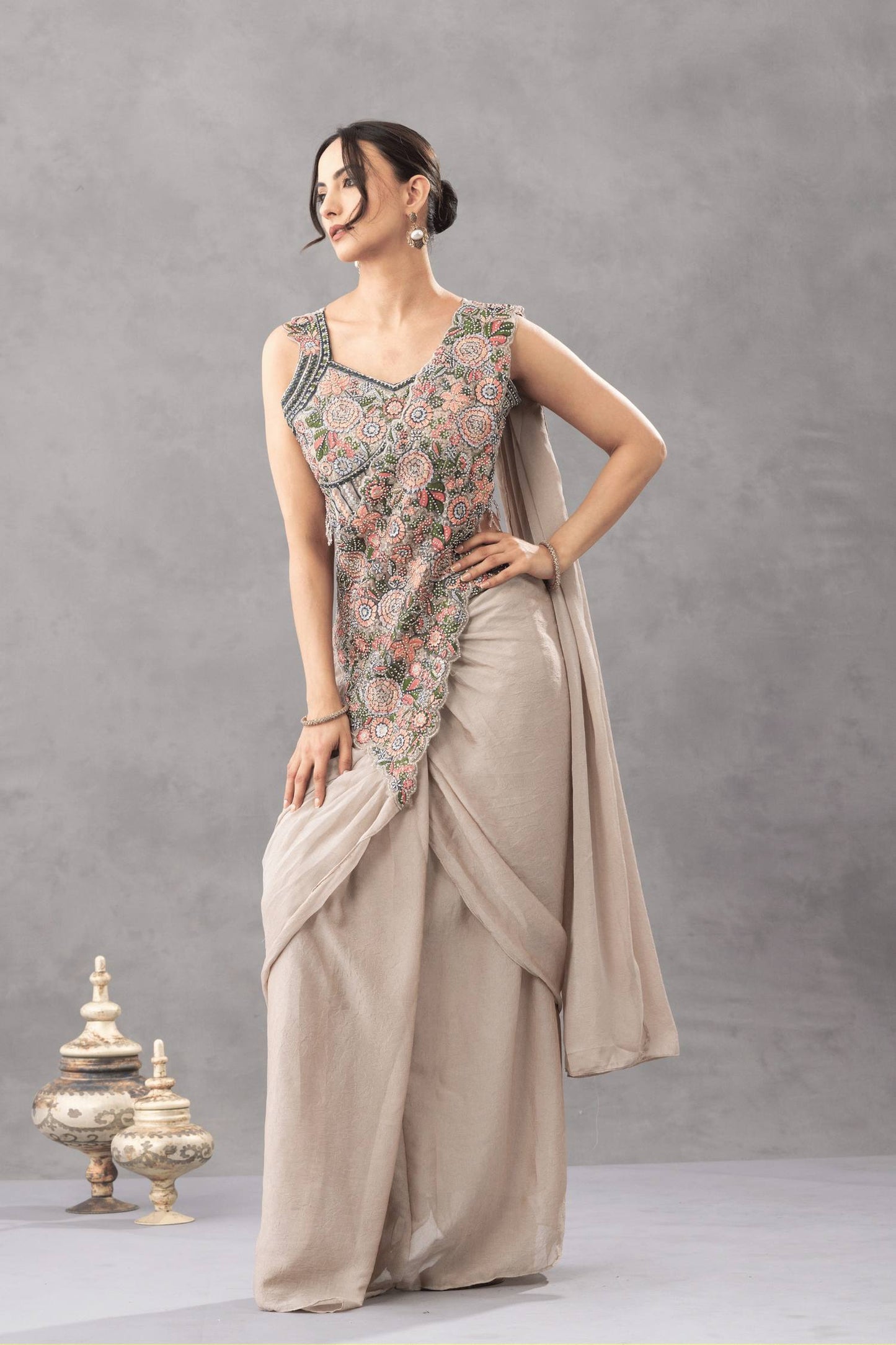 Nisha Embroidered Chinon Drape Saree