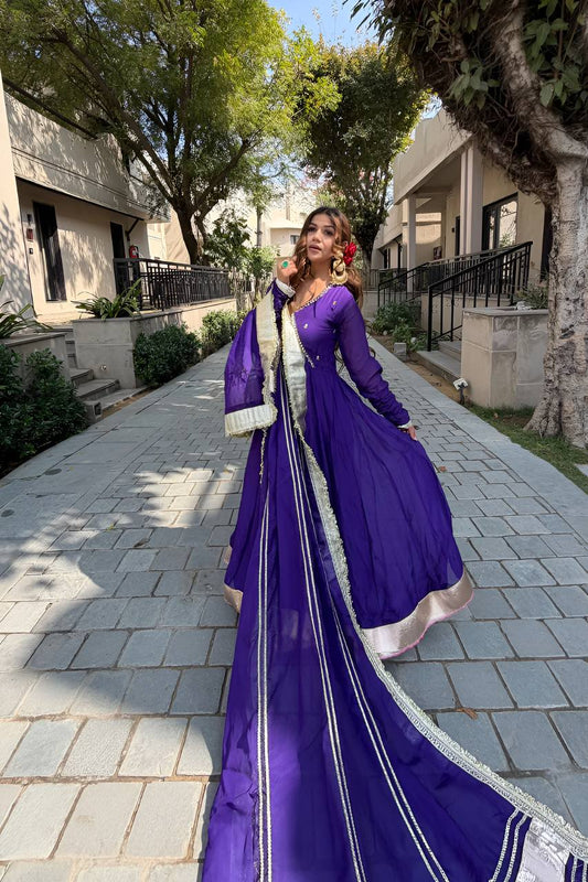 Aarvika’s Royal Purple Elegant Golden Border Anarkali Suit Set