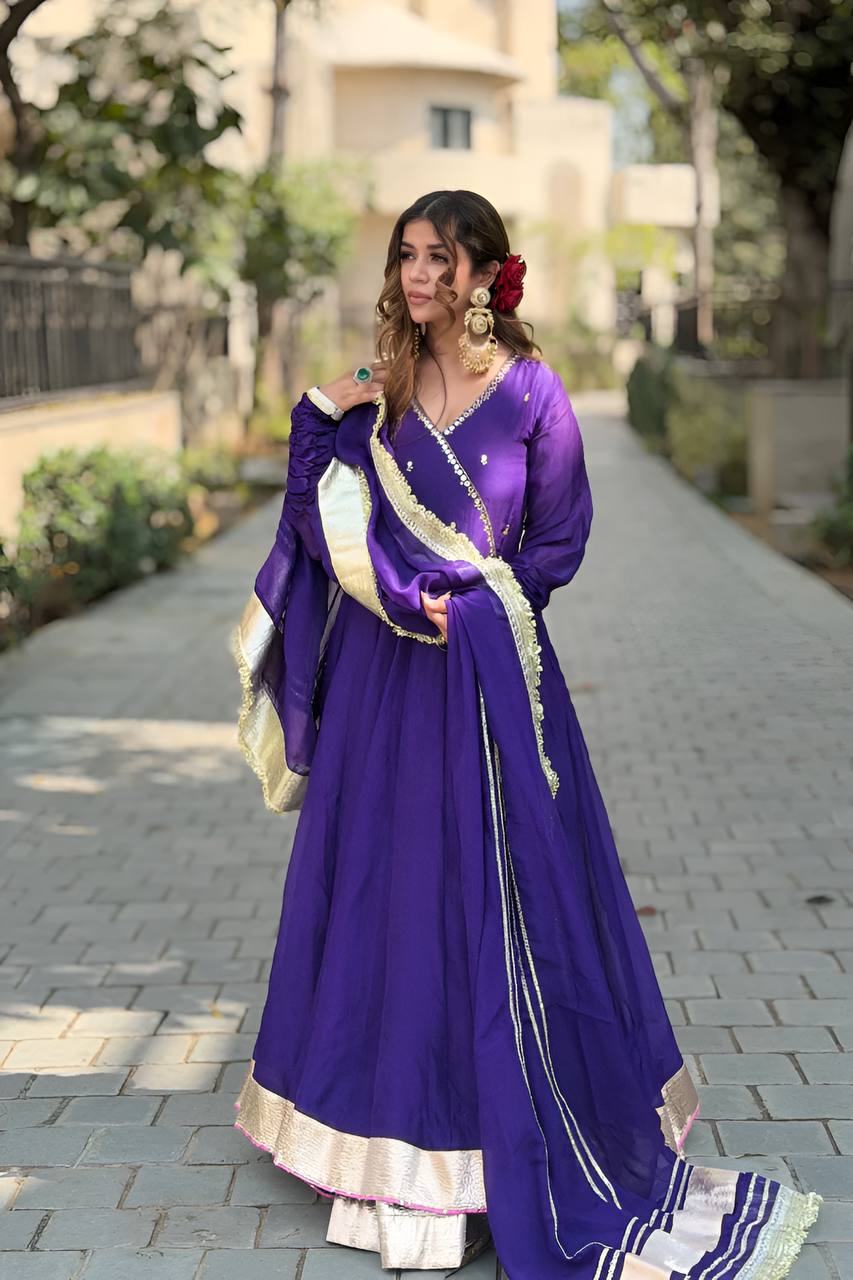 Aarvika’s Royal Purple Elegant Golden Border Anarkali Suit Set