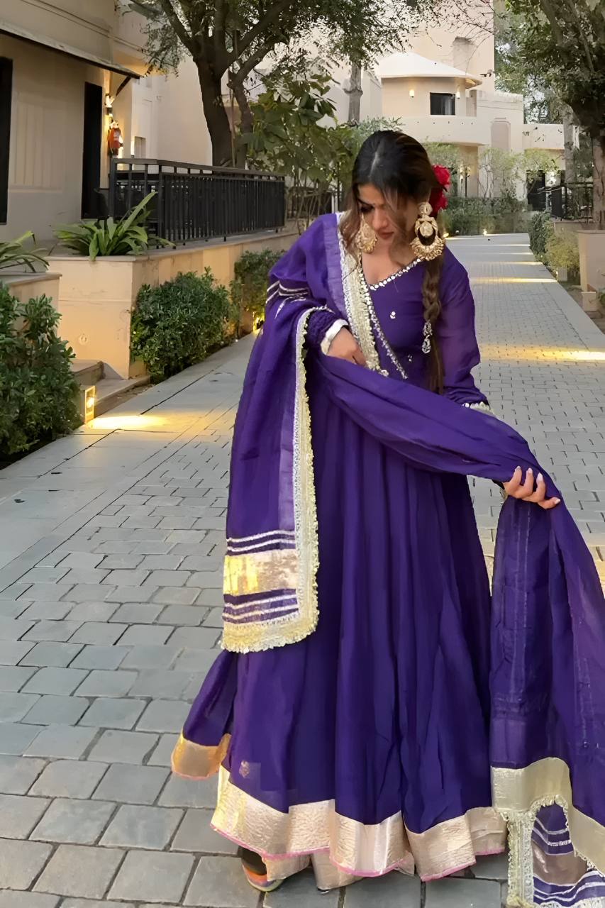 Aarvika’s Royal Purple Elegant Golden Border Anarkali Suit Set