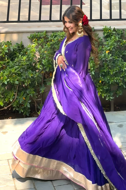 Aarvika’s Royal Purple Elegant Golden Border Anarkali Suit Set