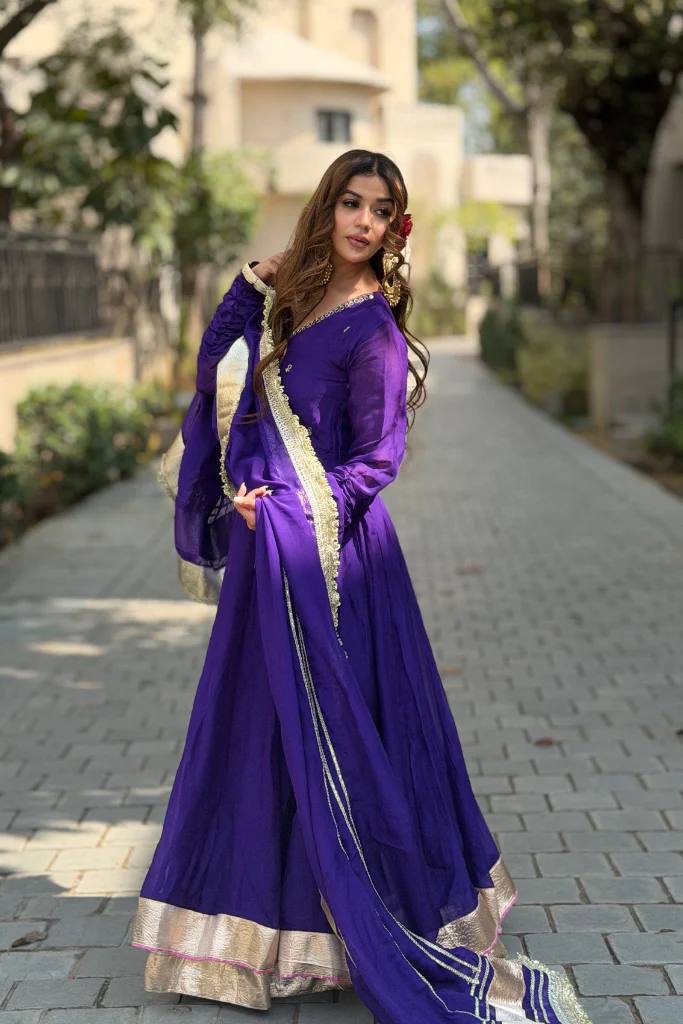 Aarvika’s Royal Purple Elegant Golden Border Anarkali Suit Set