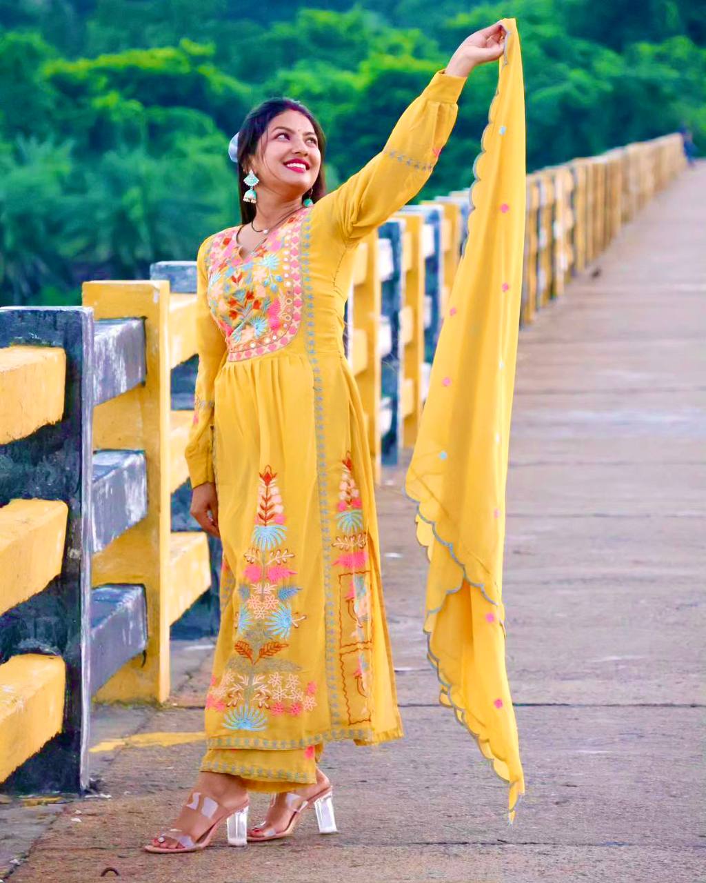 Embroidered Fox Georgette Kurti Plazzo Set with Dupatta – S to 10XL