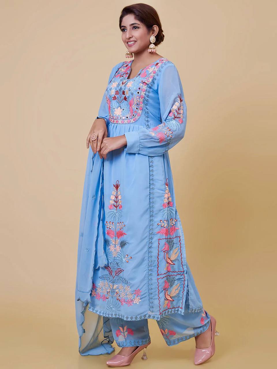 Embroidered Fox Georgette Kurti Plazzo Set with Dupatta – S to 10XL