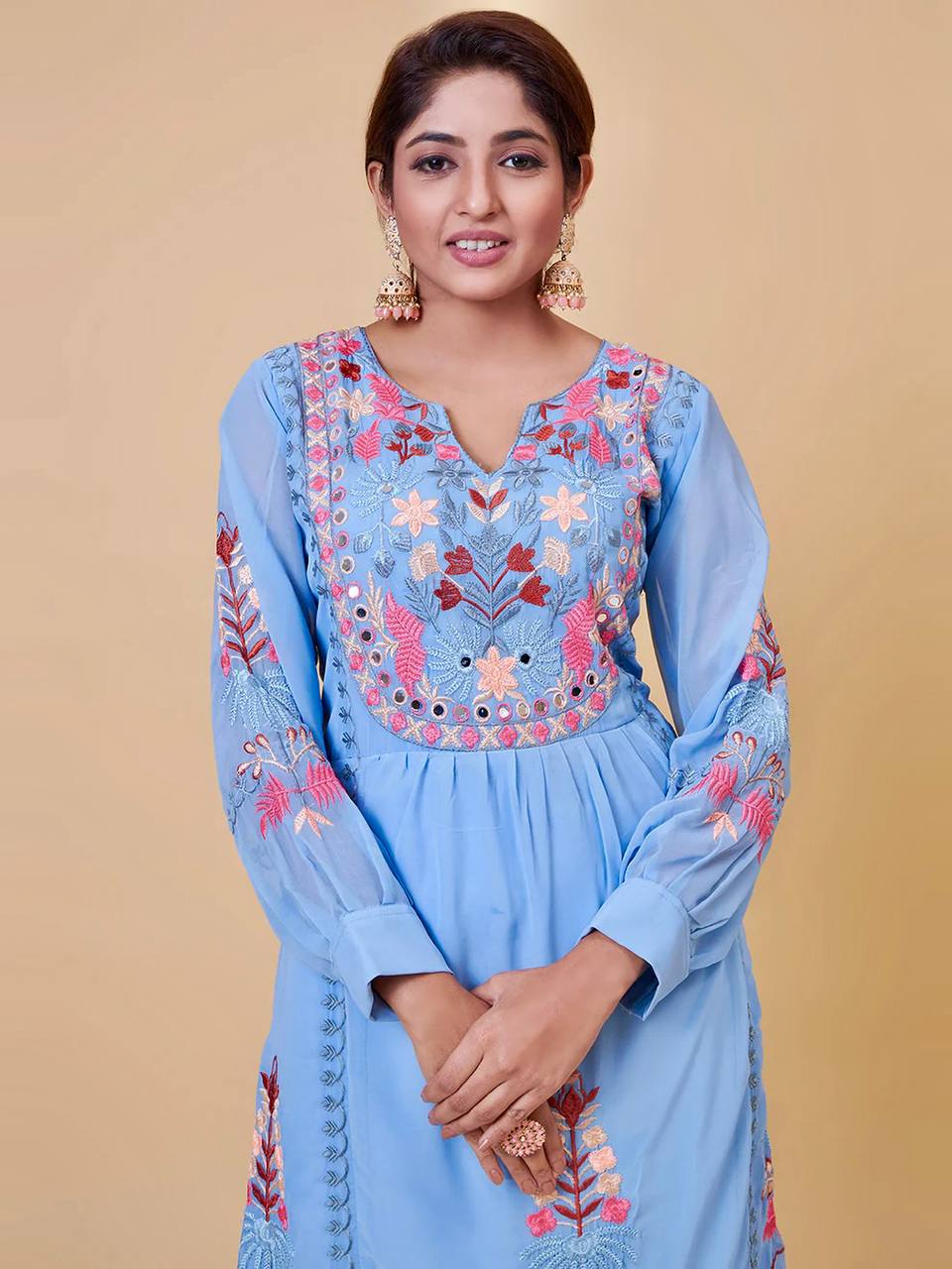 Embroidered Fox Georgette Kurti Plazzo Set with Dupatta – S to 10XL