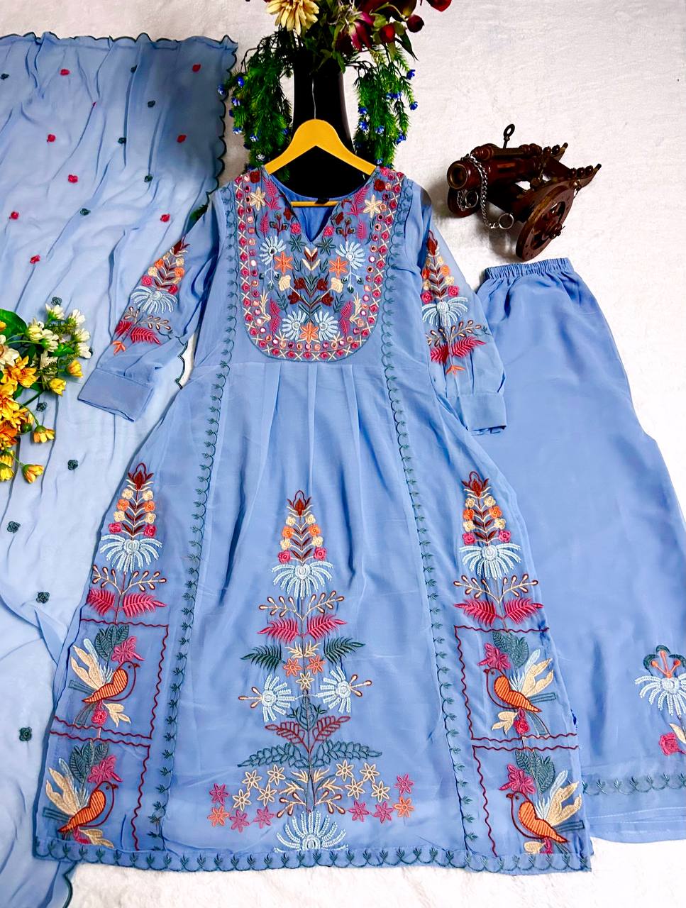 Embroidered Fox Georgette Kurti Plazzo Set with Dupatta – S to 10XL