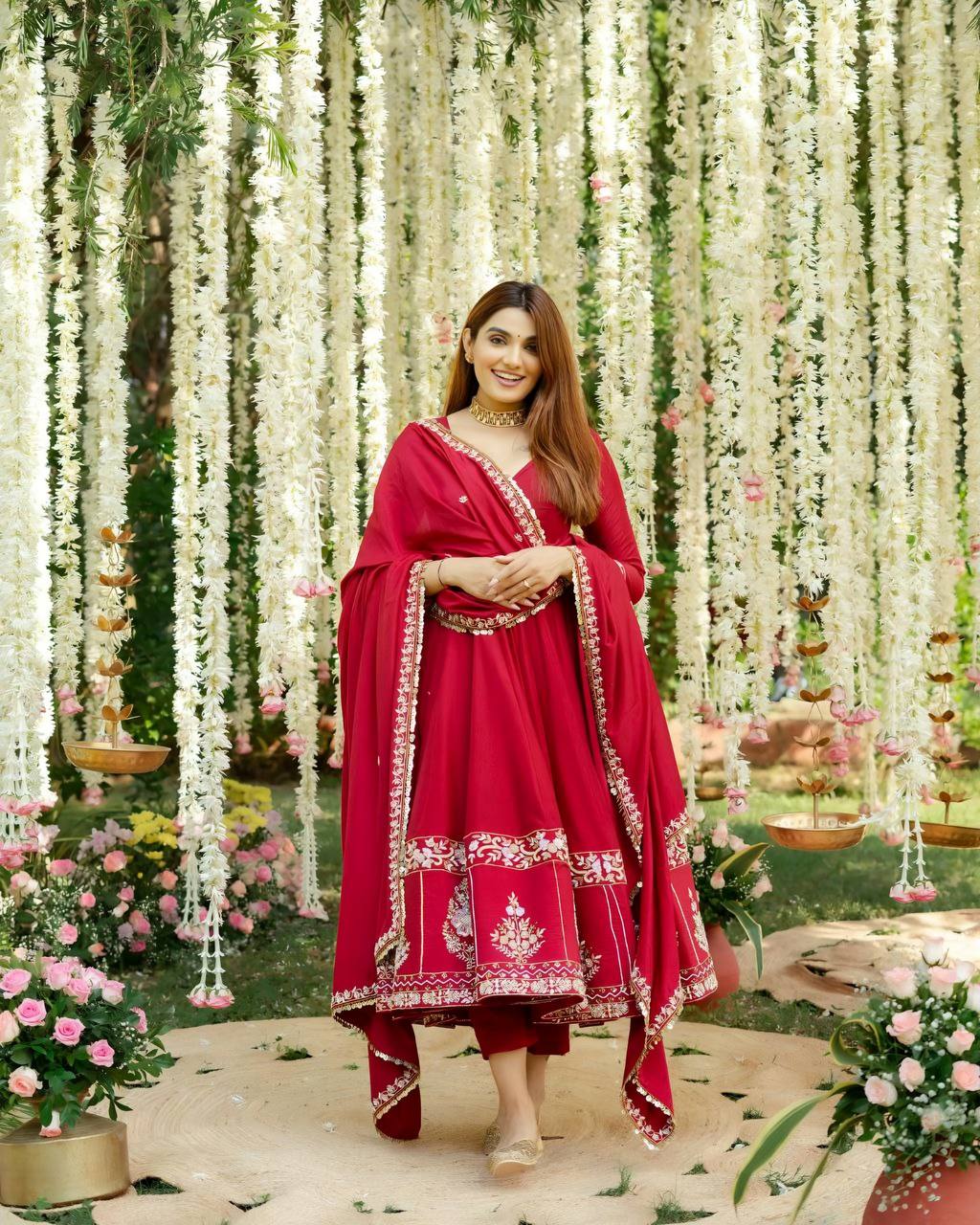 Elina Red Coloured Anarkali Suit Set