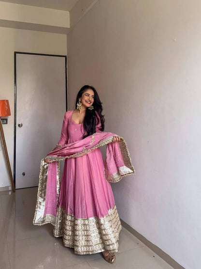 Lavina Pink Vichitra Silk Anarkali Suit Set