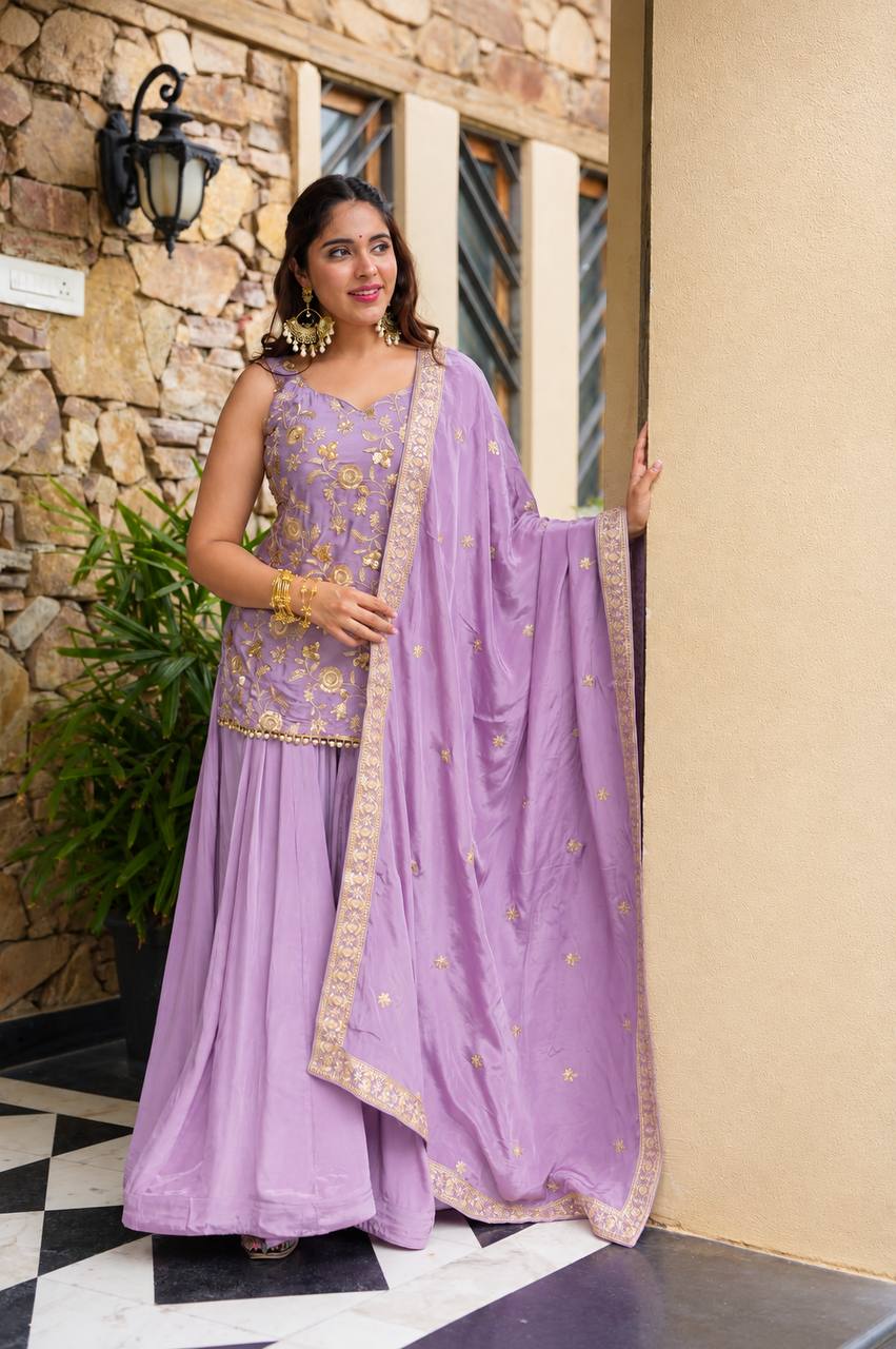 Navya Lavender Diamond Silk Sharara Suit Set