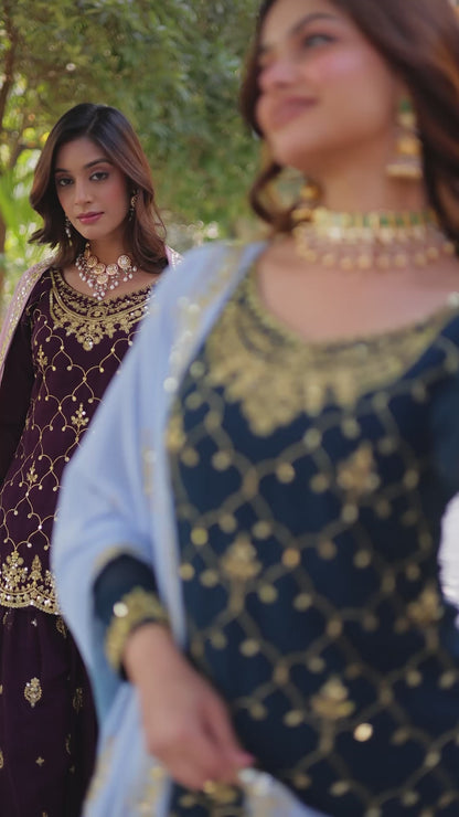 Sequins Embroidered Kurti Plazzo Dupatta Set