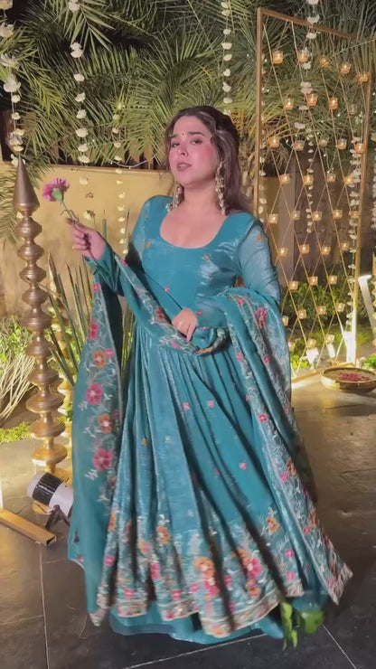 Emerald Crunchy Silk Anarkali Plazo Suit Set