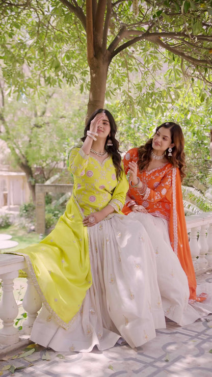 Embroidered Chinon Kurti Lehenga Dupatta Set