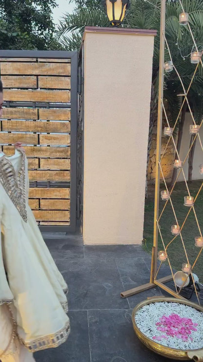 Ivory Color Premium Mirror Work Anarkali With Sharara & Dupatta