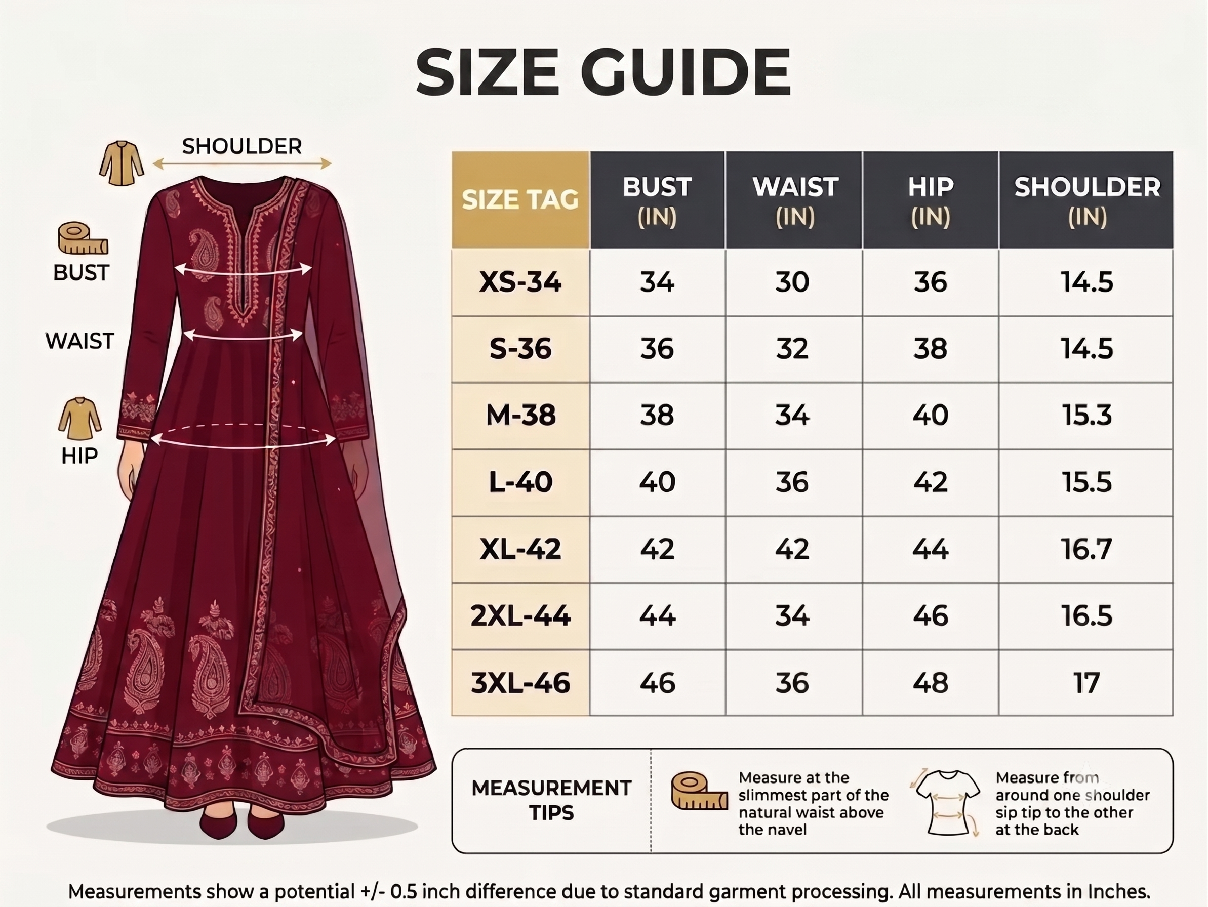 CurveNaari product size guide